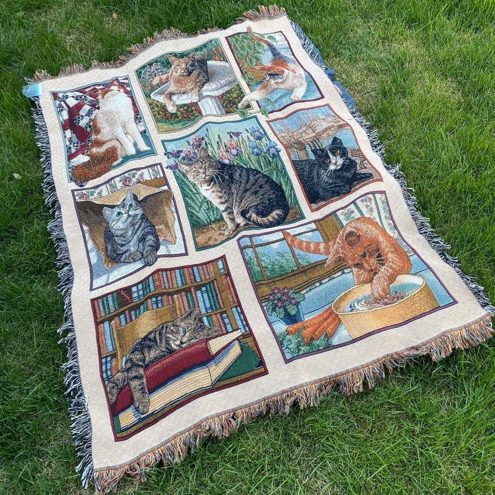 Vtg Kitty Corner Tapestry Throw Blanket Cat Kittens Cottage Core Granny Core